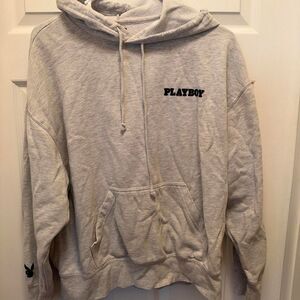 Playboy Men's Grey and Cream Hoodie